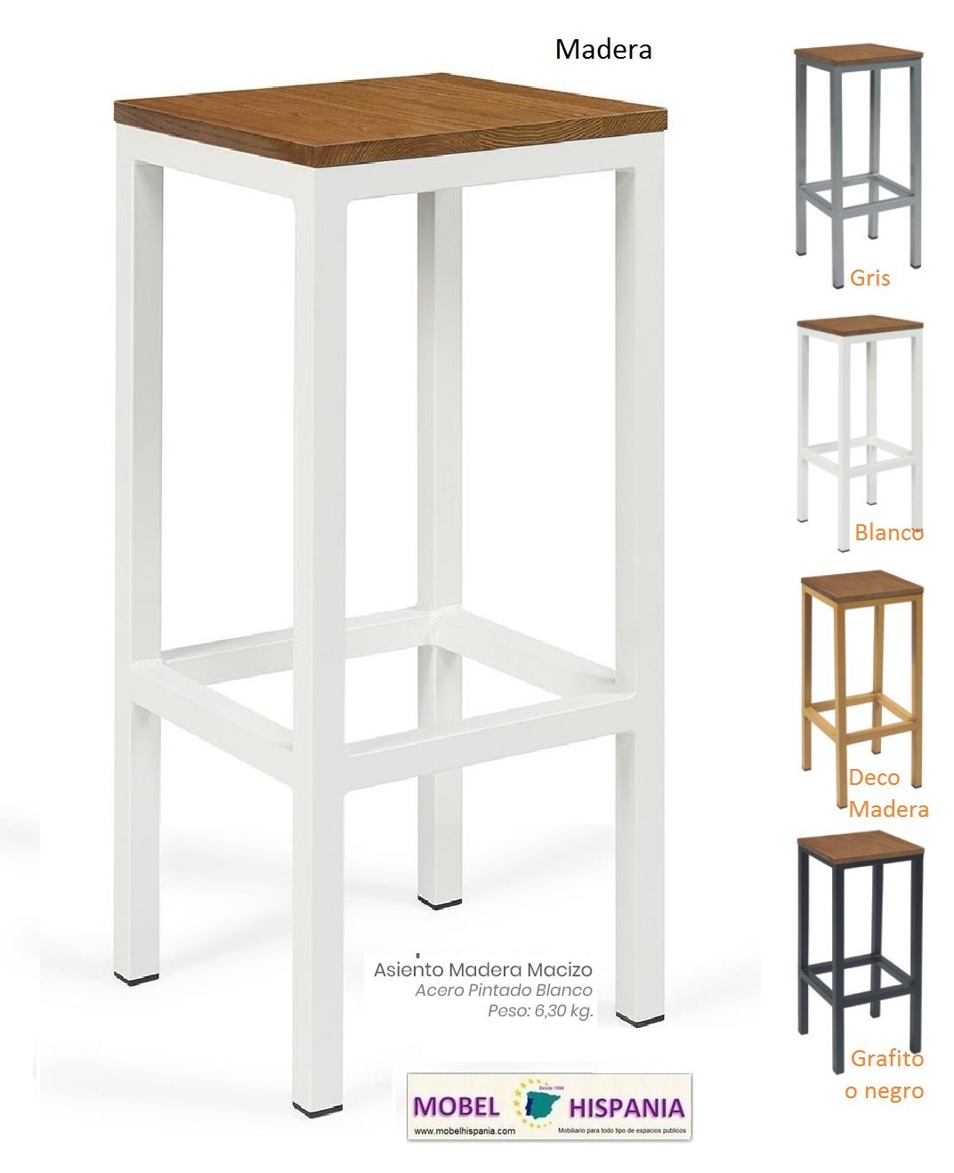 4571 banqueta acero blanco asiento madera maciza