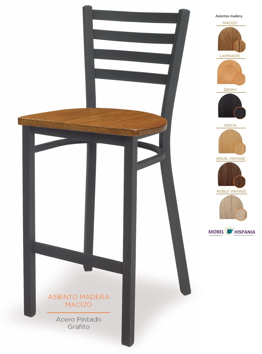 182 taburete acero grafito asiento madera maciza