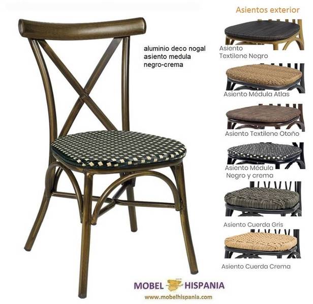 163 silla aluminio deco nogal asiento medula negra crema