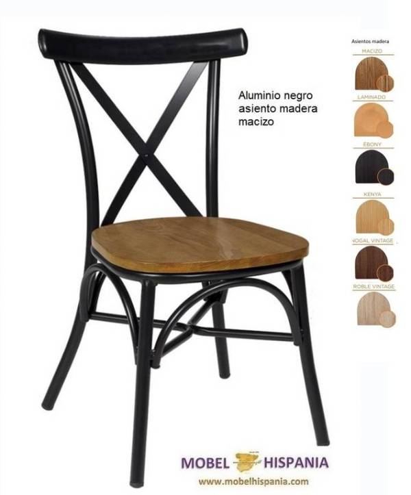 163 silla aluminio negro asiento madera macizo